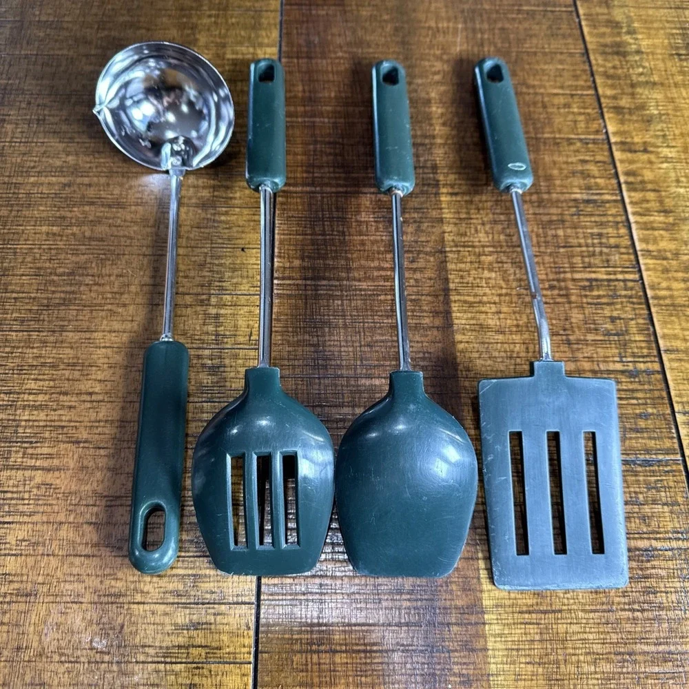 Vtg Hunter Green Cooking‎ Utensils Country Cabin Grannycore 4pc